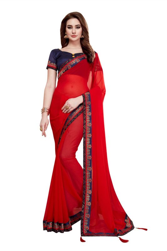 Embellished, Solid/Plain Kanjivaram Georgette Saree  (Red)