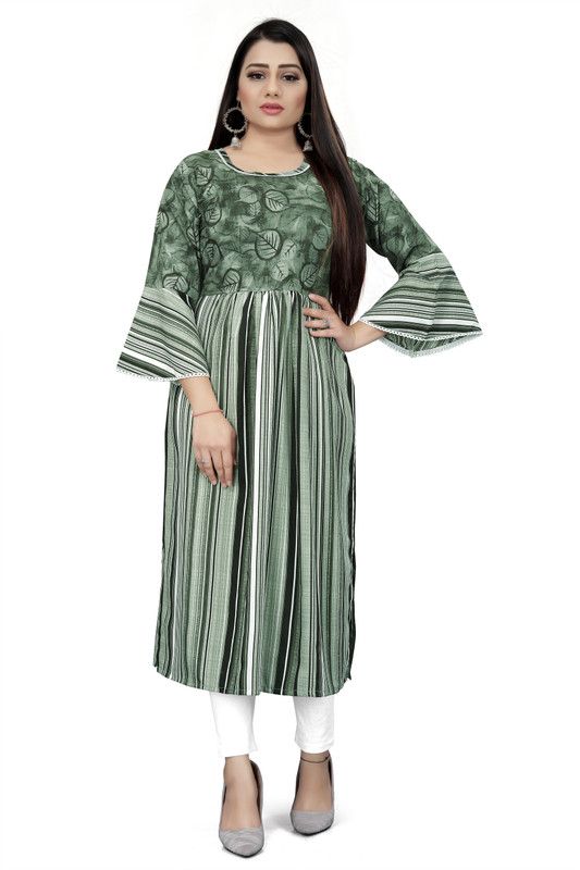Women Striped Polyester Flared Kurta  (Green)