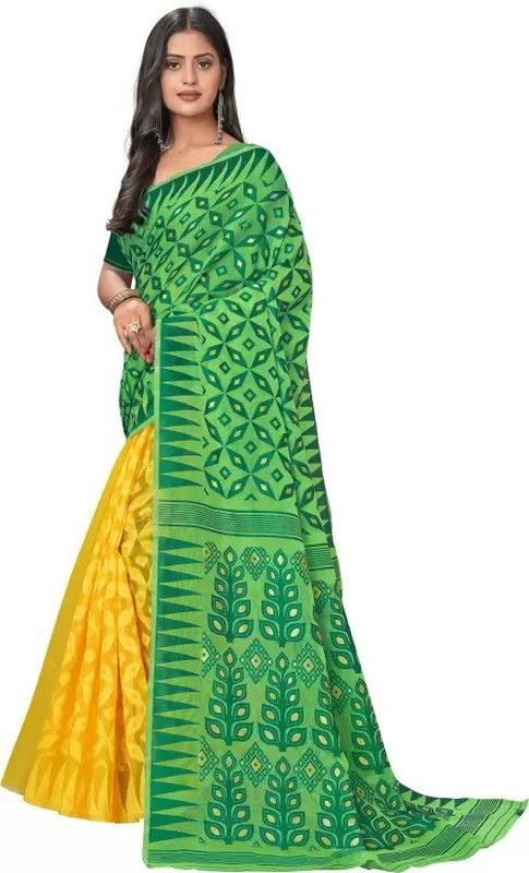 Woven, Printed, Self Design, Solid/Plain, Embroidered, Temple Border Jamdani Jacquard, Pure Cotton Saree  (Green, Yellow)