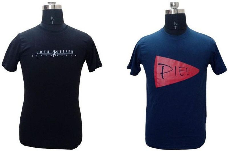 Pack of 2 Men Typography Round Neck Cotton Blend Dark Blue, Black T-Shirt