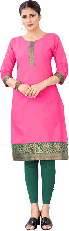 Women Printed Cotton Rayon Straight Kurta  (Pink, Gold, Green)