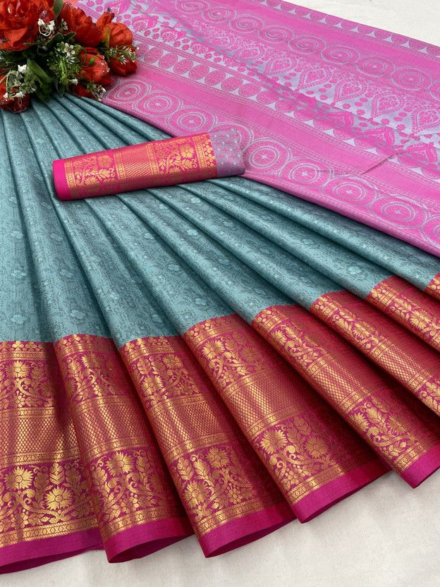 Self Design Ikkat Cotton Silk Saree  (Pack of 2, Light Blue)