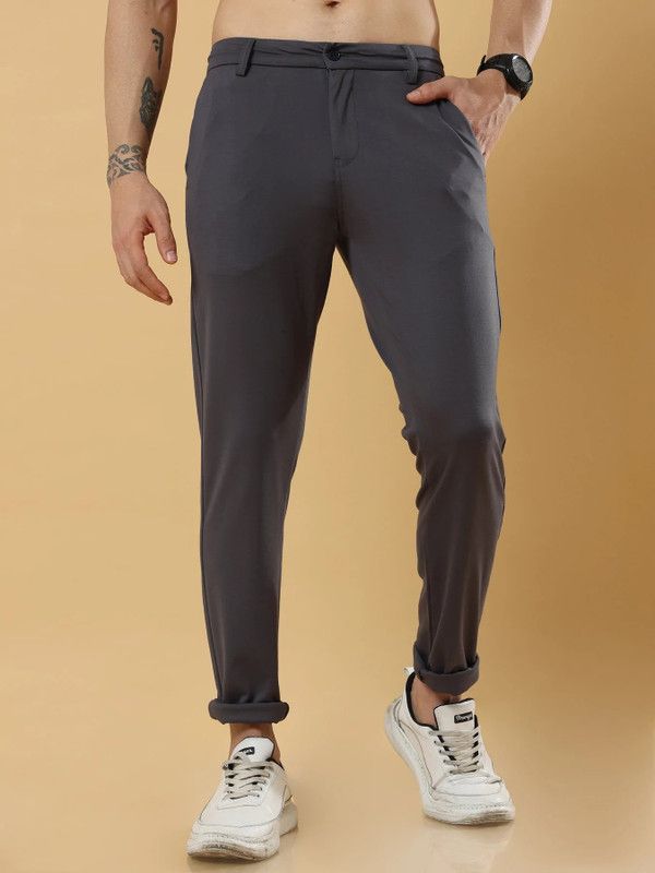 Men Relaxed Grey Lycra Blend Trousers