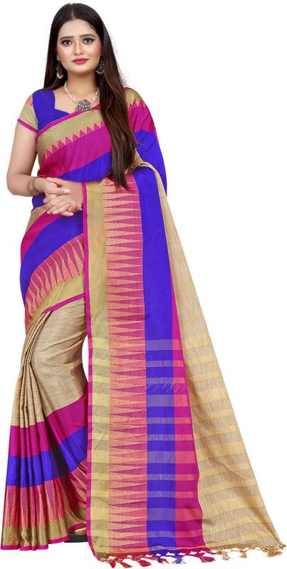 Striped Bollywood Cotton Blend, Art Silk Saree  (Multicolor)
