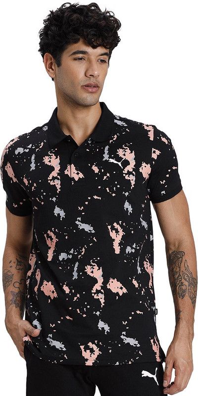 Printed Polo VI Men Printed Polo Neck Cotton Blend Black T-Shirt