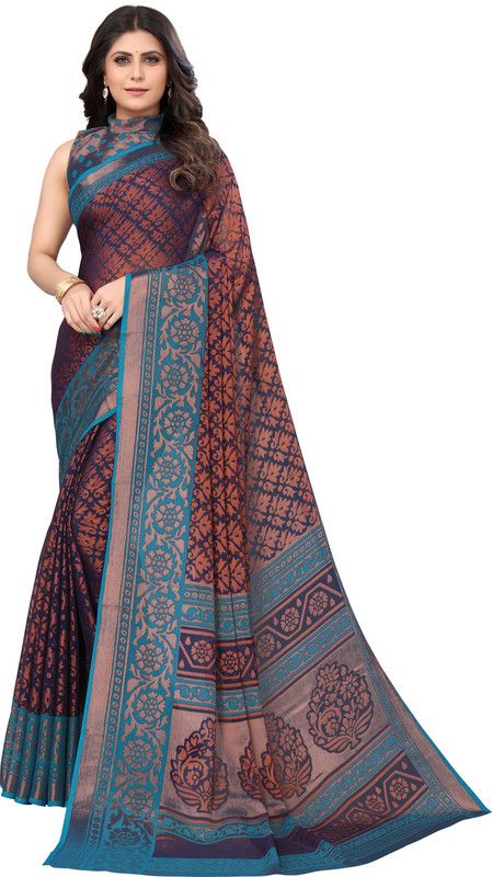 Printed Dharmavaram Chiffon Saree  (Blue, Multicolor)