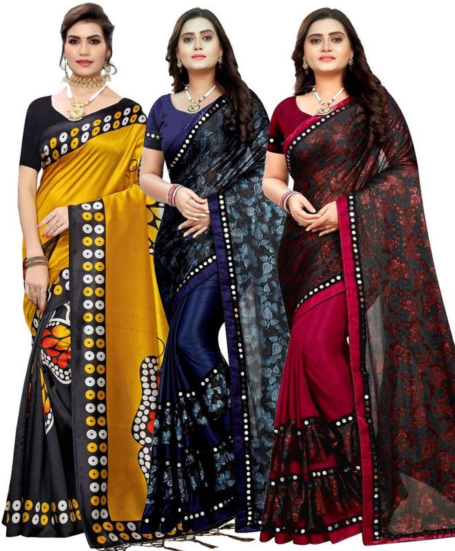 Embellished Patola Art Silk, Lycra Blend Saree  (Pack of 3, Dark Blue, Red, Black)