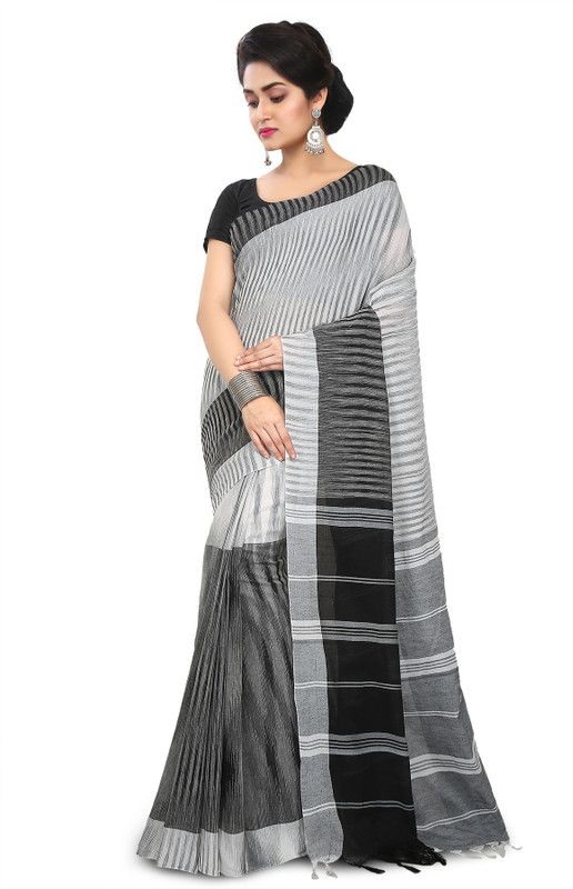 Checkered Handloom Pure Cotton Saree  (White)