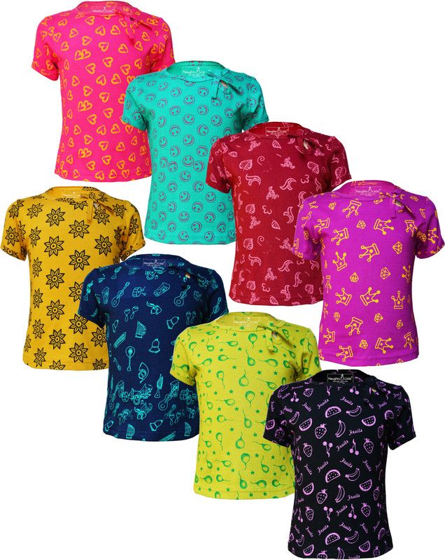 Girls Printed Pure Cotton T Shirt  (Black, Pack of 8)