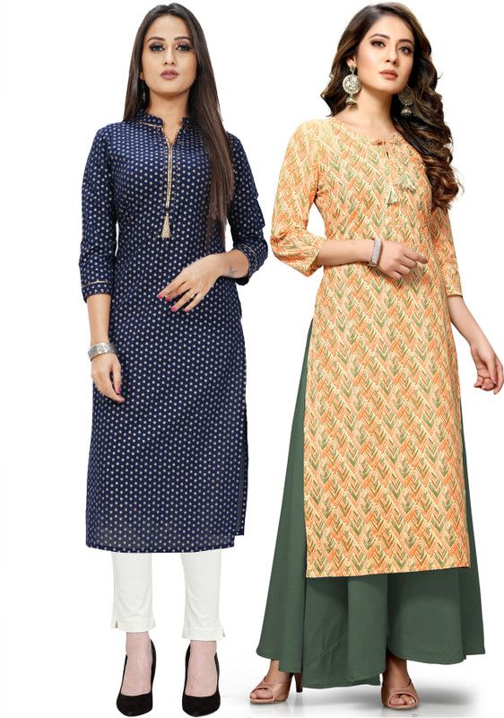 Pack of 2 Women Printed Pure Cotton Straight Kurta  (Blue, Beige)