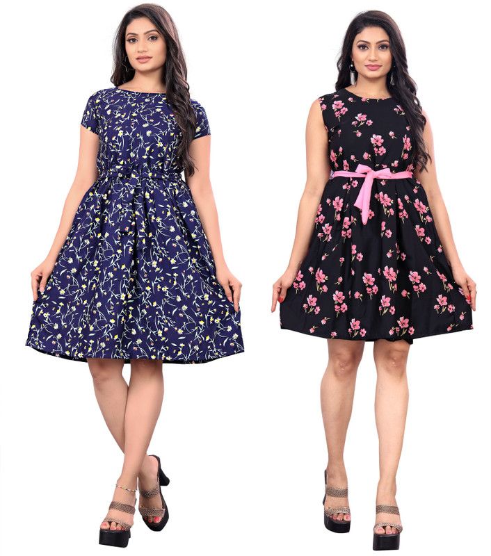 Women Fit and Flare Dark Blue, Black Dress