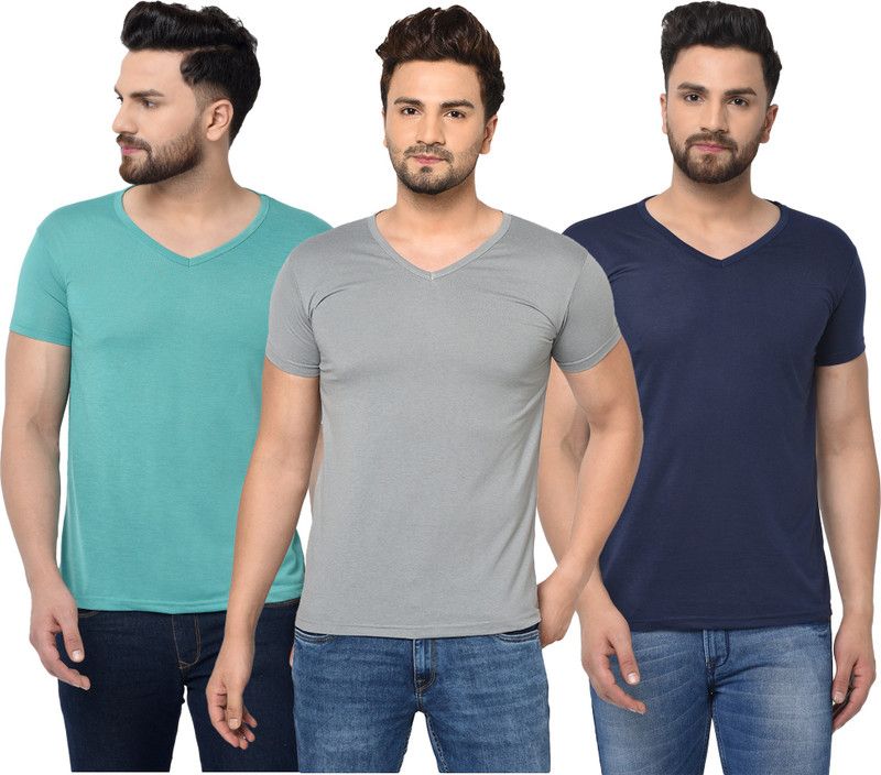 Pack of 3 V neck Combo T-shirts Multicolor Men Solid V Neck Cotton Blend Dark Blue, Blue, Grey T-Shirt