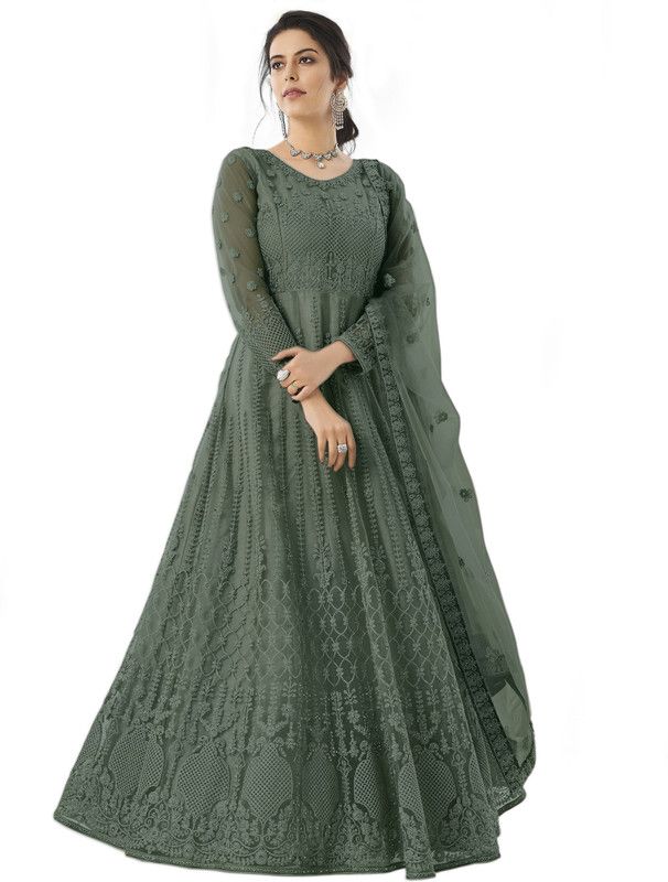 Net Semi Stitched Anarkali Gown  (Grey)