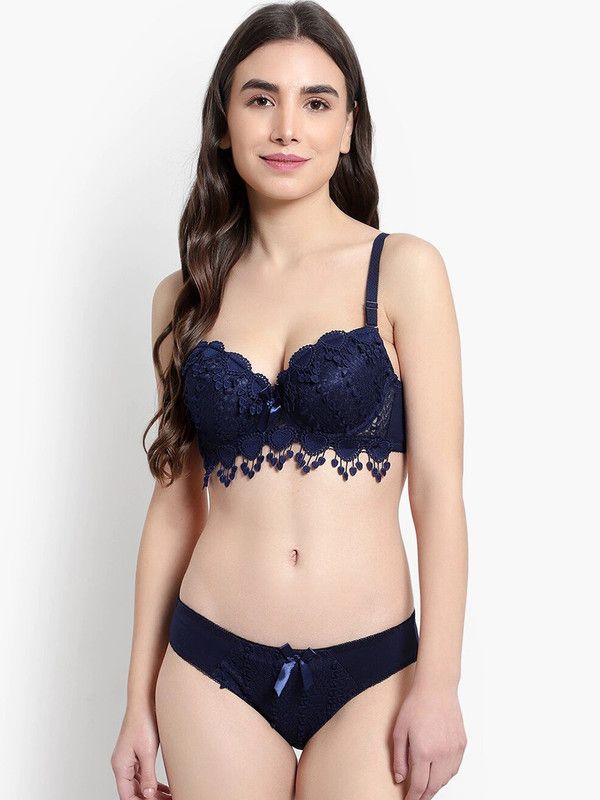 Bra & Panty Set Self Design Blue Lingerie Set