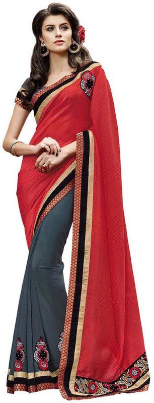 Self Design Bollywood Georgette, Cotton Blend Saree  (Red, Grey)