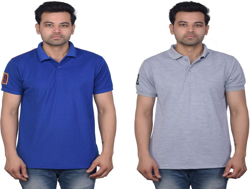 Solid Men Blue, Grey T-Shirt  (Pack of 2)