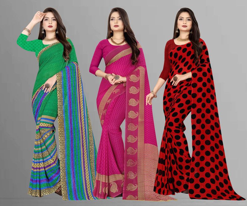 Printed Daily Wear Georgette Saree  (Pack of 3, Red, Green, Pink, Black)