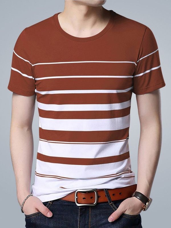 Men Striped Round Neck Cotton Blend Brown T-Shirt