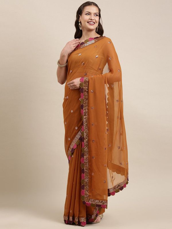 Self Design, Embroidered, Embellished Bollywood Georgette Saree  (Orange)