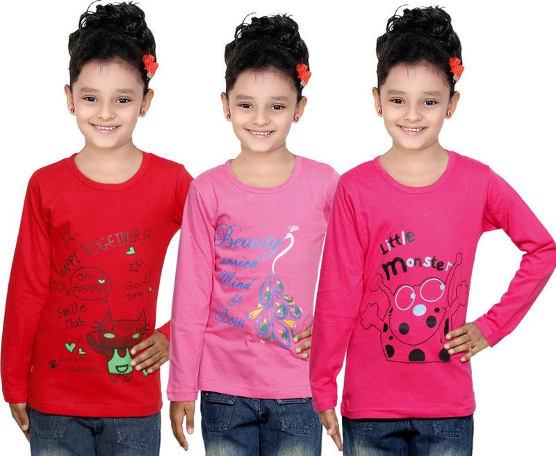 Girls Printed Cotton Blend T Shirt  (Red, Pack of 3)