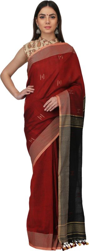 Striped Handloom Cotton Blend Saree  (Maroon)