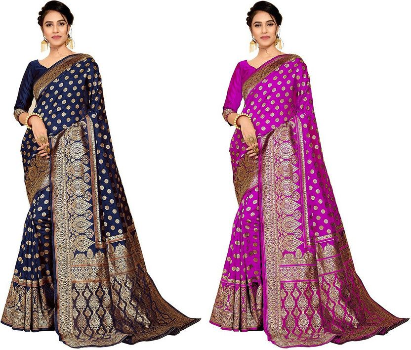 Woven Banarasi Jacquard Saree  (Pack of 2, Dark Blue, Pink)