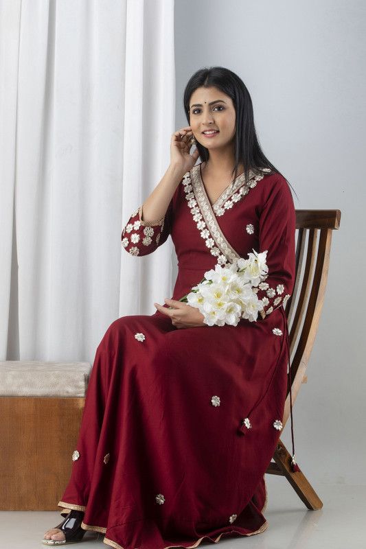 Embellished Viscose Rayon Stitched Anarkali Gown  (Maroon)
