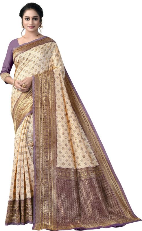 Self Design Kanjivaram Silk Blend Saree  (Cream)