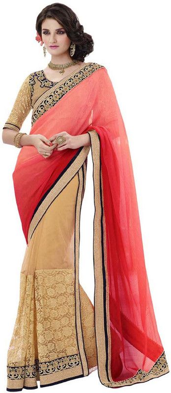 Embroidered Bollywood Cotton Blend, Chiffon Saree  (Gold, Orange)