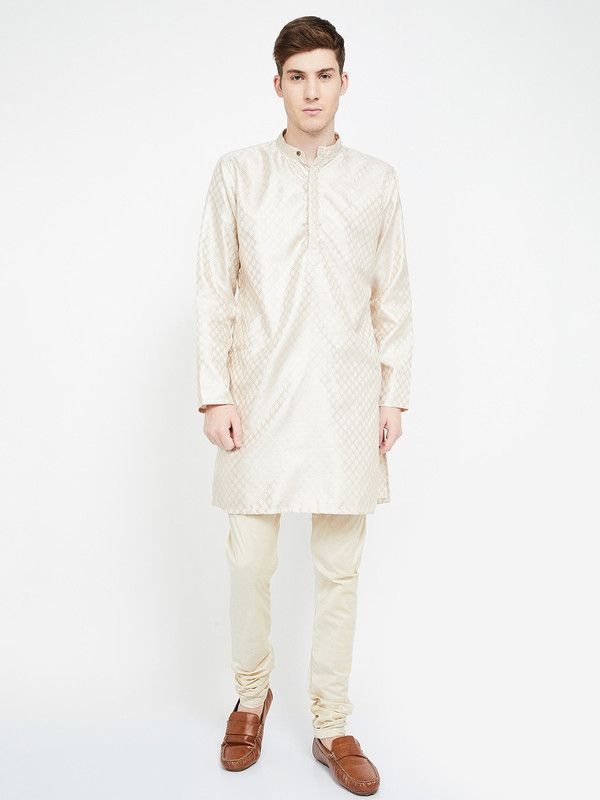 Men Geometric Print Polyester Straight Kurta  (White)