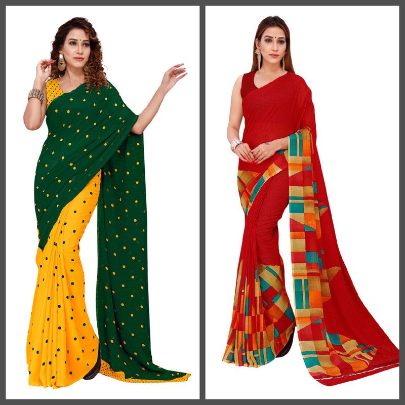 Polka Print, Geometric Print Daily Wear Georgette Saree  (Red, Green)