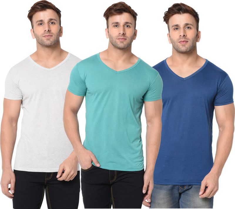 Pack of 3 Men Solid V Neck Cotton Blend White, Blue, Light Green T-Shirt
