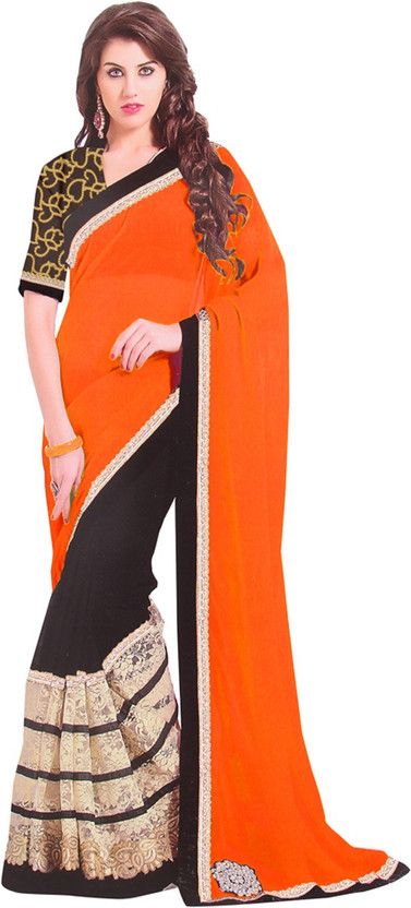Solid/Plain Bollywood Handloom Georgette, Cotton Blend Saree  (White, Black, Orange)