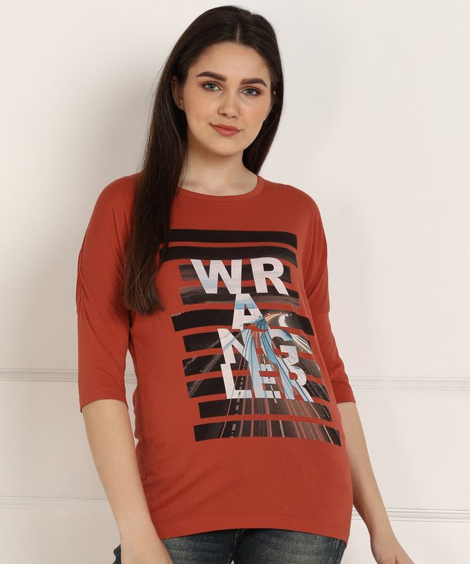 Women Printed Round Neck Pure Cotton Orange T-Shirt