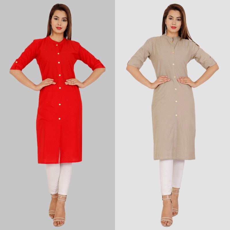 Women Solid Pure Cotton Straight Kurta  (Red, Beige)