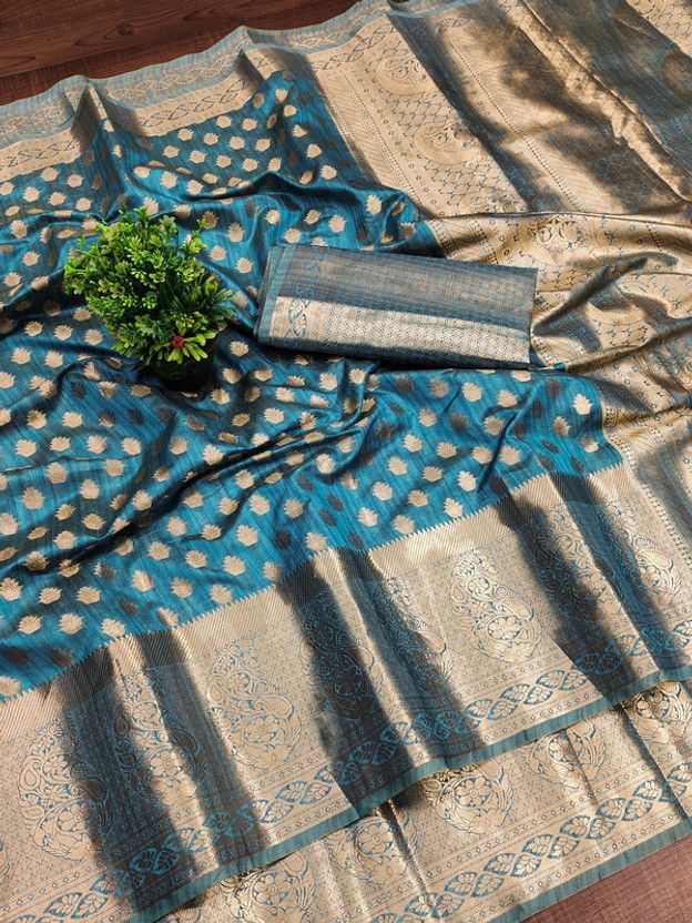 Printed Banarasi Jacquard, Silk Blend Saree  (Green)