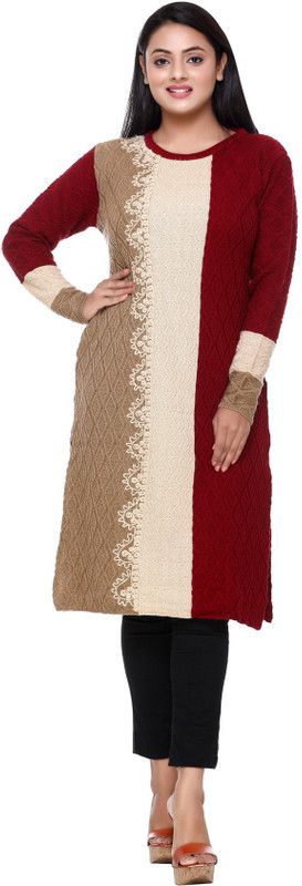 Women Woven Design Wool Straight Kurta  (Maroon)