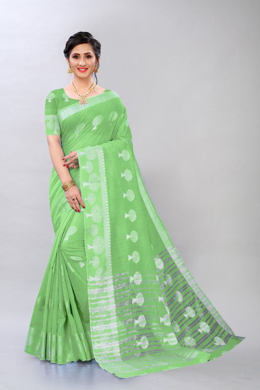 Self Design Chanderi Cotton Blend Saree  (Green)