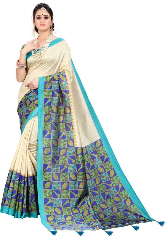 Printed Bollywood Silk Blend Saree  (Cream)