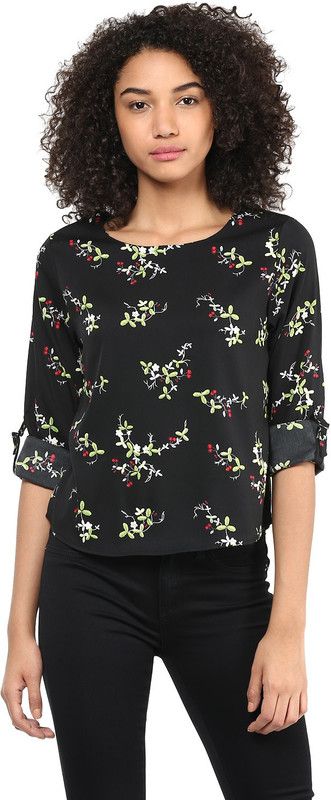 Casual Roll Up Sleeves Floral Print Women Black Top