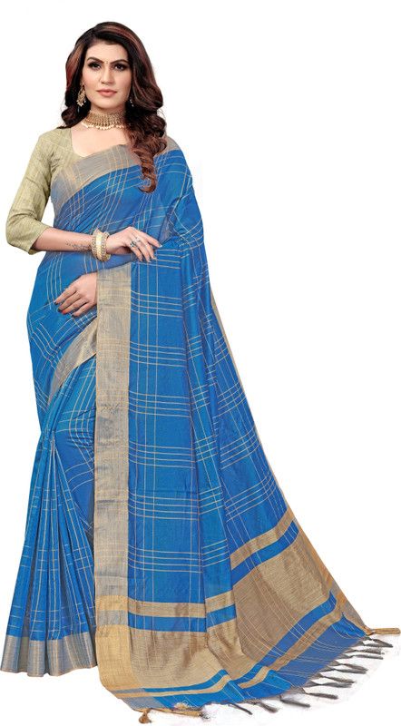Striped Chettinadu Cotton Blend, Cotton Silk Saree  (Blue)