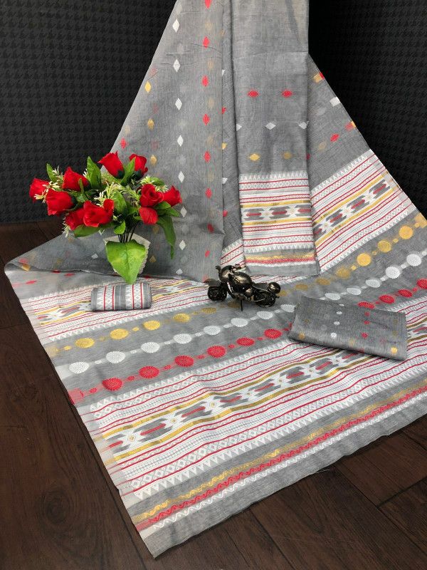 Embellished, Self Design, Embroidered, Woven Mekhela Chador Chanderi, Cotton Blend Saree  (Grey, White)
