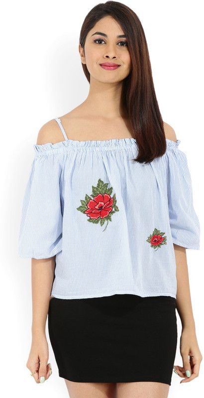 Casual Cold Shoulder Sleeves Striped, Floral Print Women Blue Top