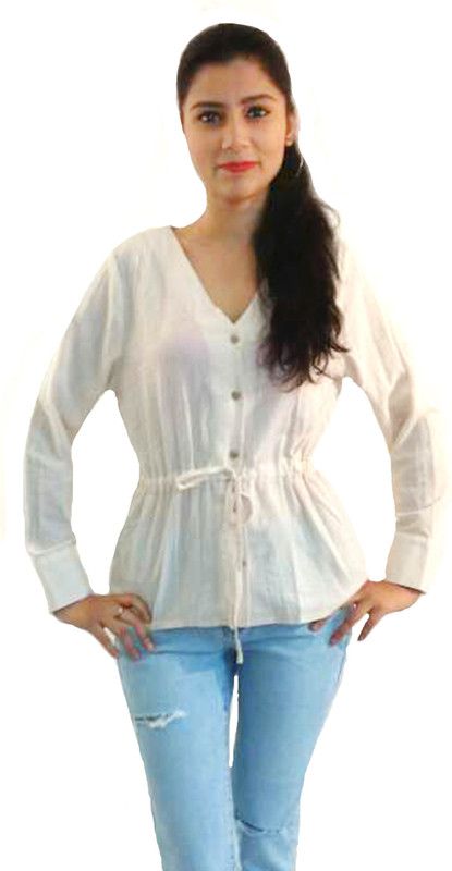 Casual Cuffed Sleeves Solid Women White Top