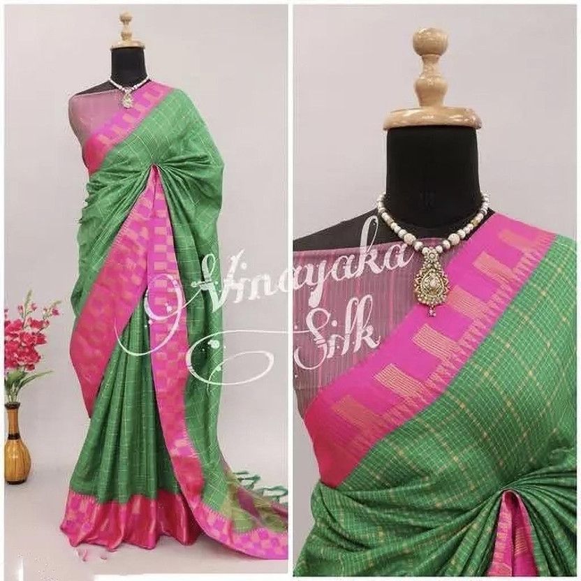 Checkered Dharmavaram Cotton Silk Saree  (Light Green)