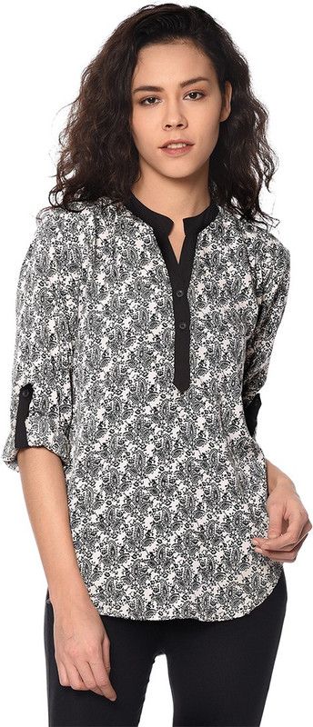 Casual Roll Up Sleeves Ethnic Motifs Women White, Black Top