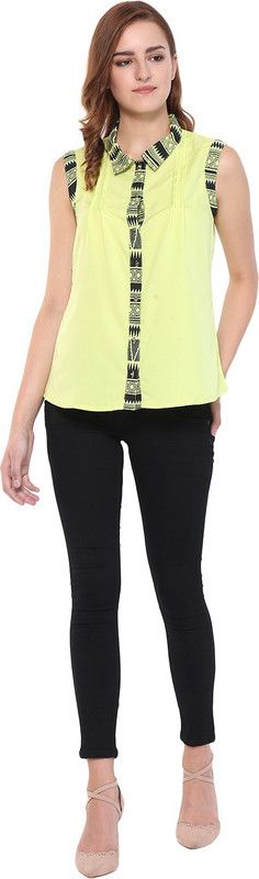 Casual Sleeveless Printed Women Black, Yellow Top