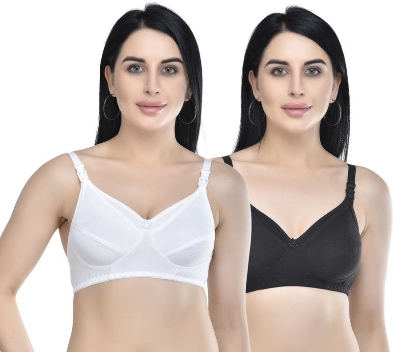 Pack of 2 Women Maternity/Nursing Non Padded Bra  (White, Black)
