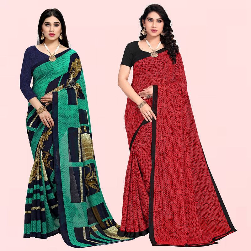 Printed Daily Wear Georgette Saree  (Pack of 2, Red, Green, Blue)