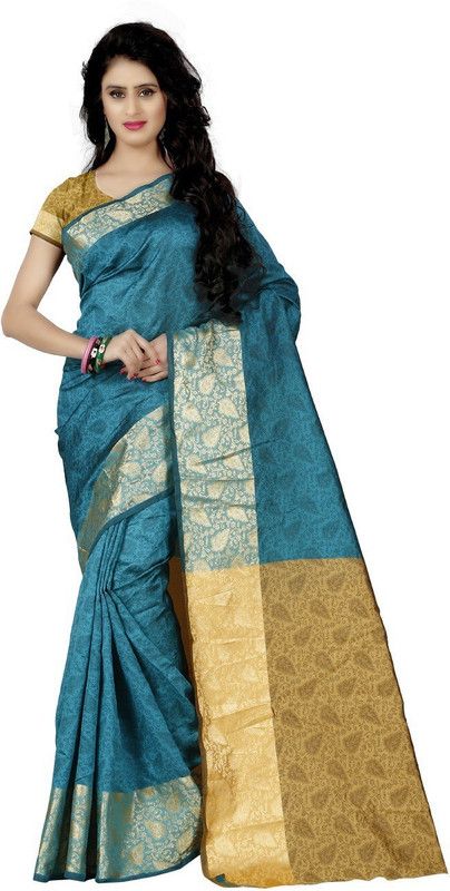 Woven Bollywood Cotton Blend Saree  (Light Blue, Gold)